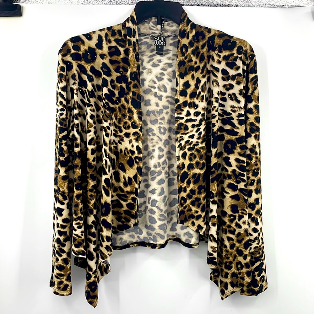 Clara Sun Woo Leopard Shimmer Open Front top cardigan topper Size 1X
